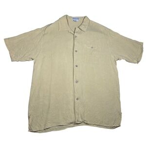 Tulio Mens Large 100% Pure Silk Textured Short Sleeve Button Down Shirt Yellow